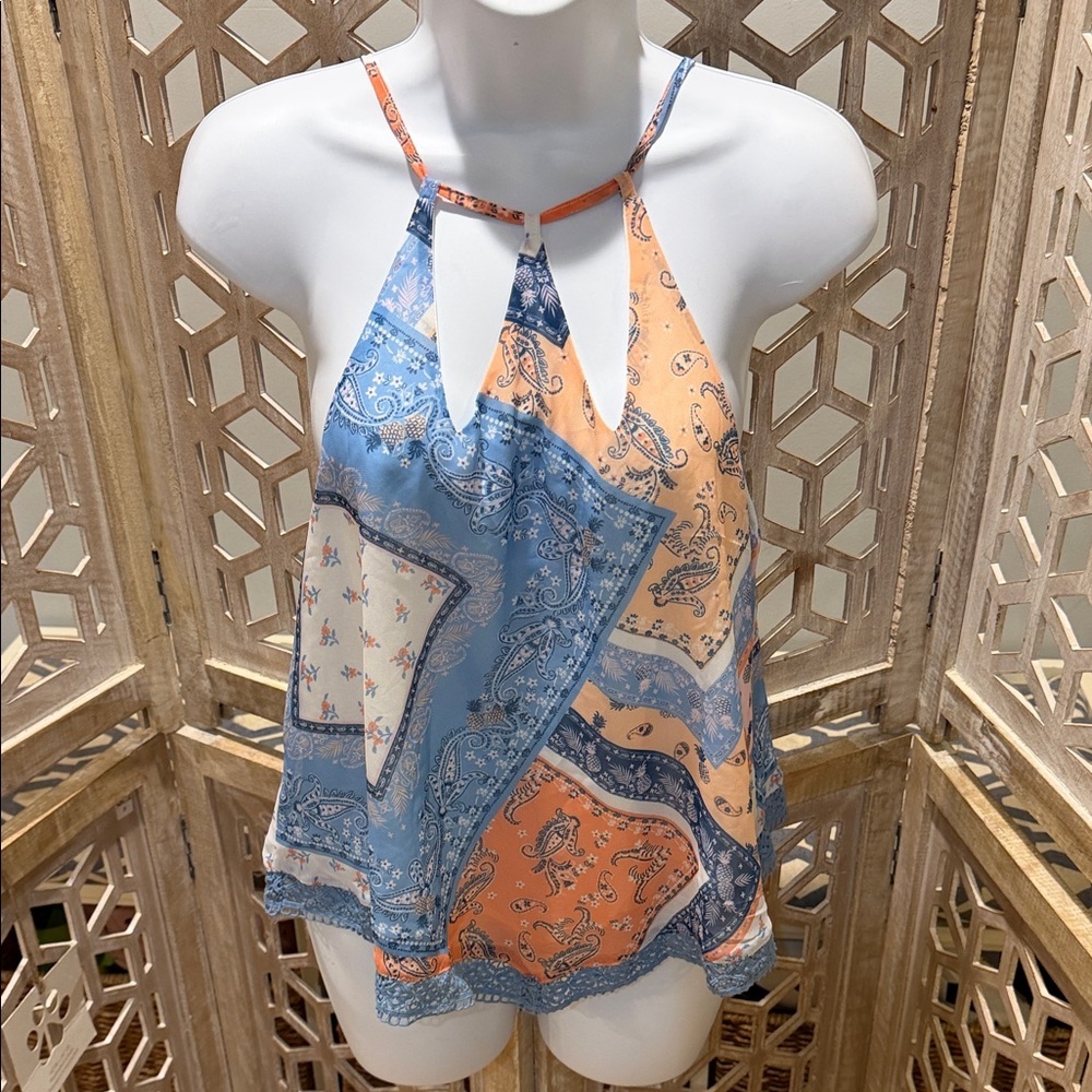 NWT Miss Me Paisley Patchwork Boho Halter Top - Blue, Peach & White size Medium